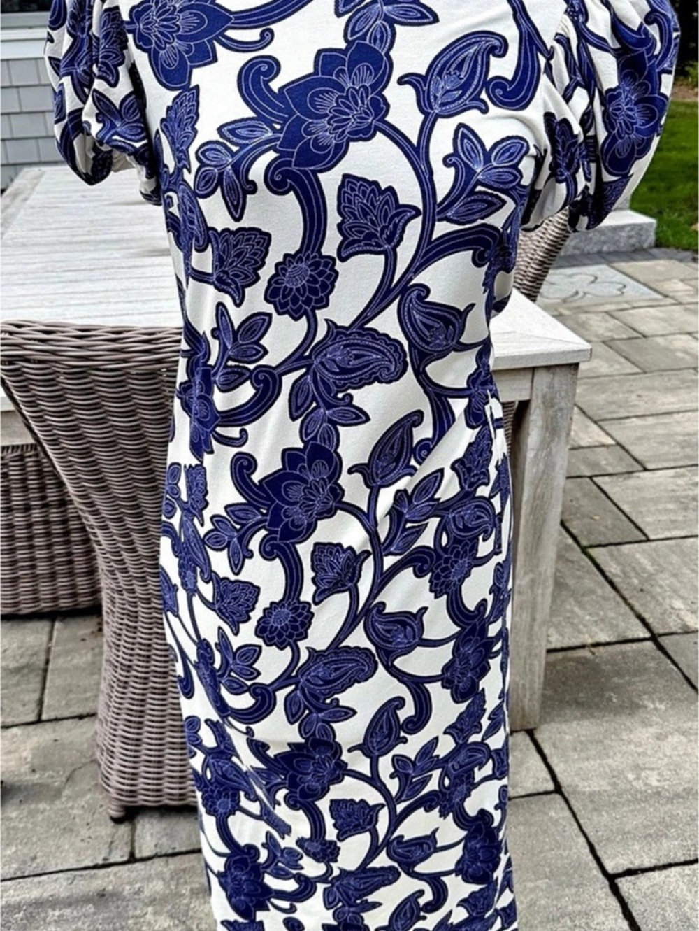 Boden Puff Sleeve Jersey Midi Dress in Blue & White Size 8